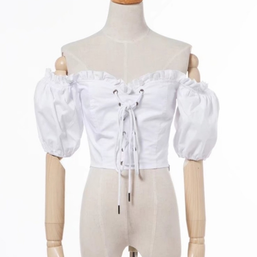 White corset like tie crop top puff sleeves